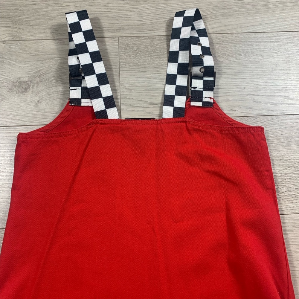 Lazy Oaf Checkered Buckle-Strap Pinafore Red Mini Dress - Picture 8 of 15